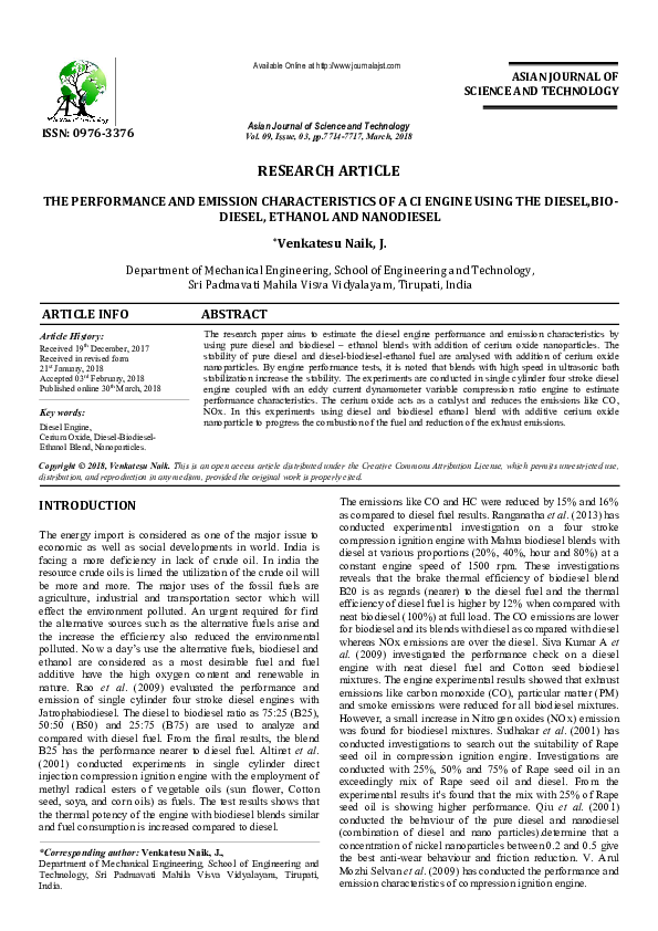 (PDF) THE PERFORMANCE AND EMISSION CHARACTERISTICS OF A CI ENGINE USING ...