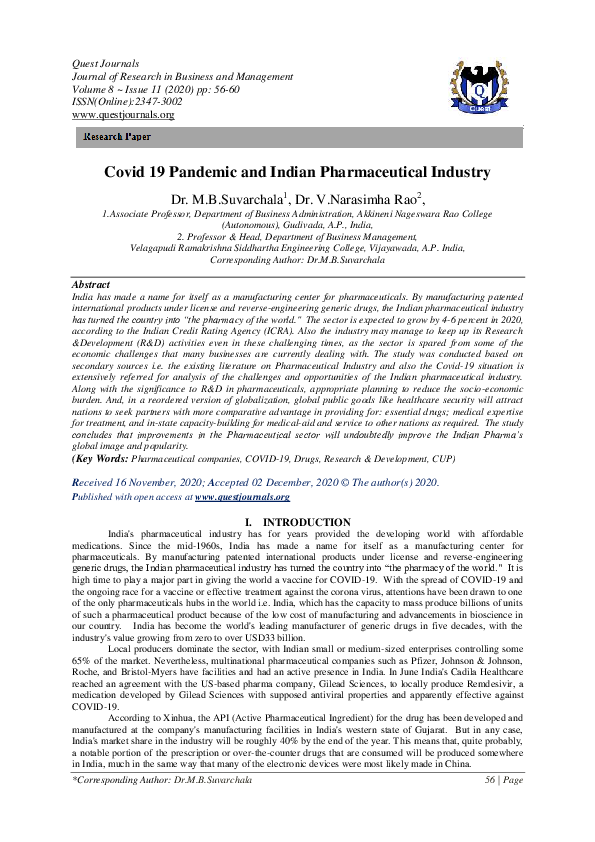 (PDF) Covid 19 Pandemic and Indian Pharmaceutical Industry