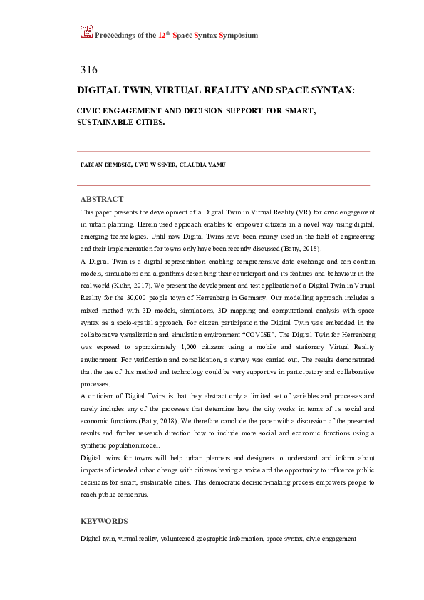 (PDF) Digital twin, virtual reality and space syntax: Civic engagement ...