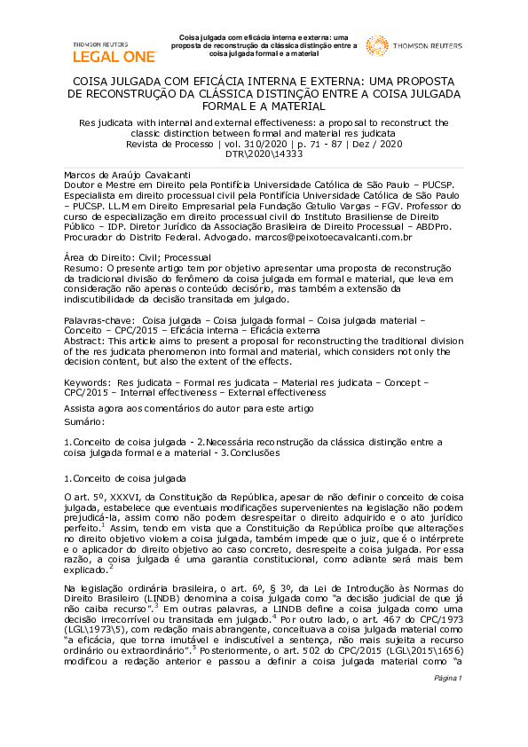 (PDF) COISA JULGADA COM EFICÁCIA INTERNA E EXTERNA UMA PROPOSTA DE RECONSTRUÇÃO DA CLÁSSICA