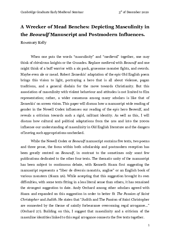 (DOC) A Wrecker of Mead Benches Depicting Masculinity in the Beowulf
