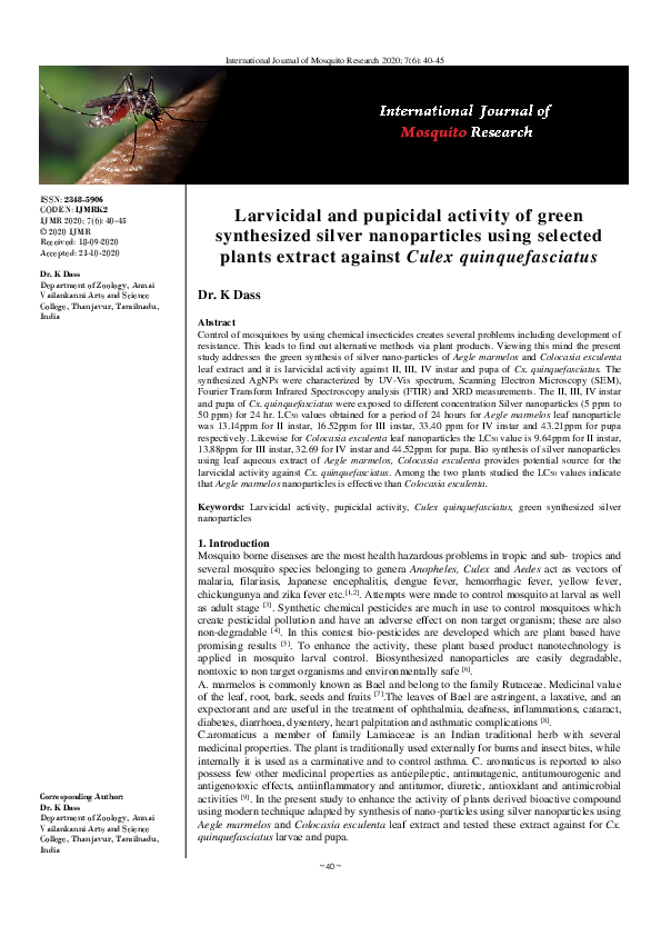 (PDF) Larvicidal and pupicidal activity of green synthesized silver ...