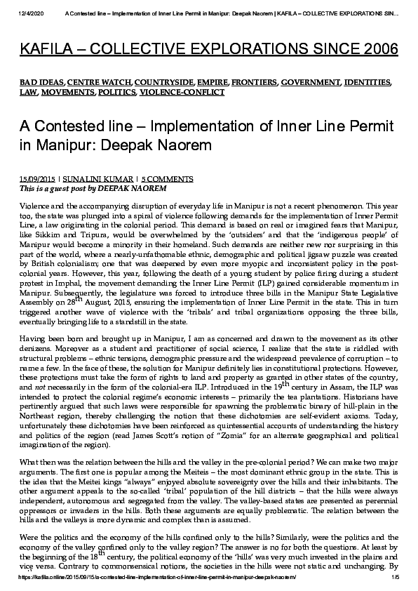 (PDF) A contested line: Implementation of Inner Line Permit in Manipur