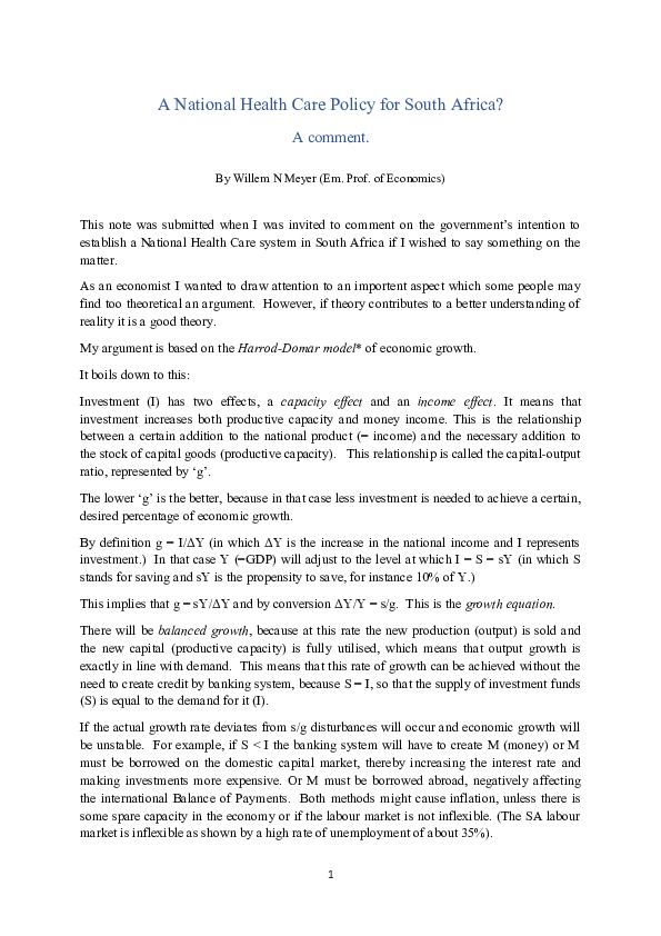 (DOC) A National Health Care Policy for South Africa? A comment