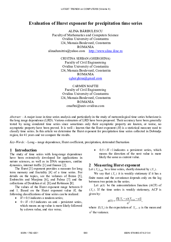 (PDF) Evaluation of Hurst exponent for precipitation time series