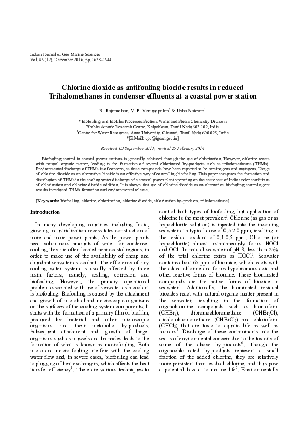 (PDF) Chlorine Dioxide as Antifouling Biocide Results in Reduced