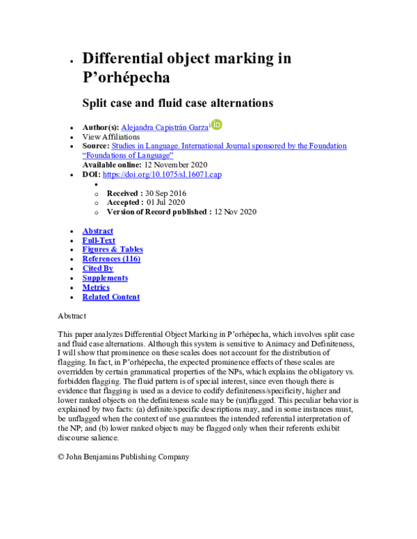 (PDF) Differential object marking in P'orhépecha Split case and fluid