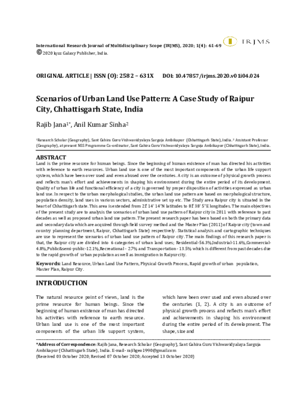 (PDF) Scenarios of Urban Land Use Pattern A Case Study of Raipur City