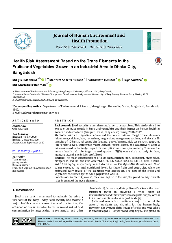 (PDF) Health Risk Assessment Based on the Trace Elements in the Fruits ...