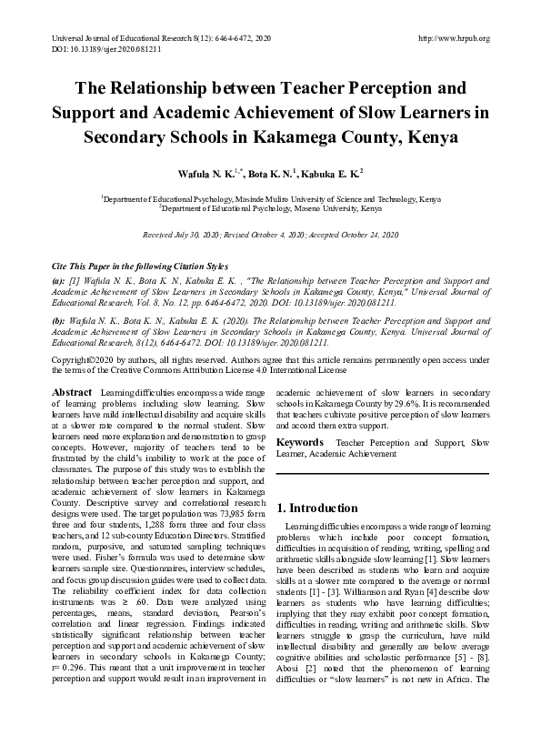 (PDF) The Relationship between Teacher Perception and Support and ...