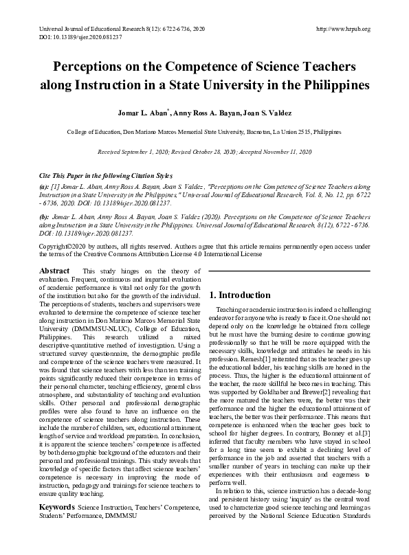 (PDF) Perceptions on the Competence of Science Teachers along ...