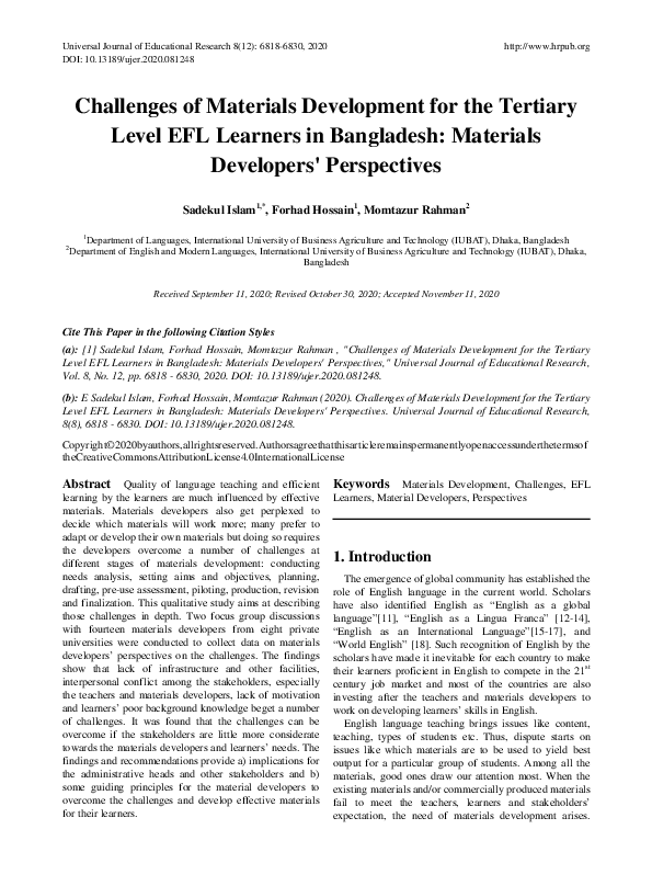 (PDF) Challenges of Materials Development for the Tertiary Level EFL ...