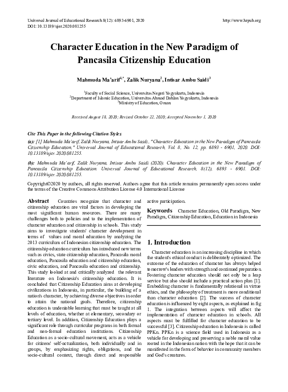(PDF) Character Education in the New Paradigm of Pancasila Citizenship ...
