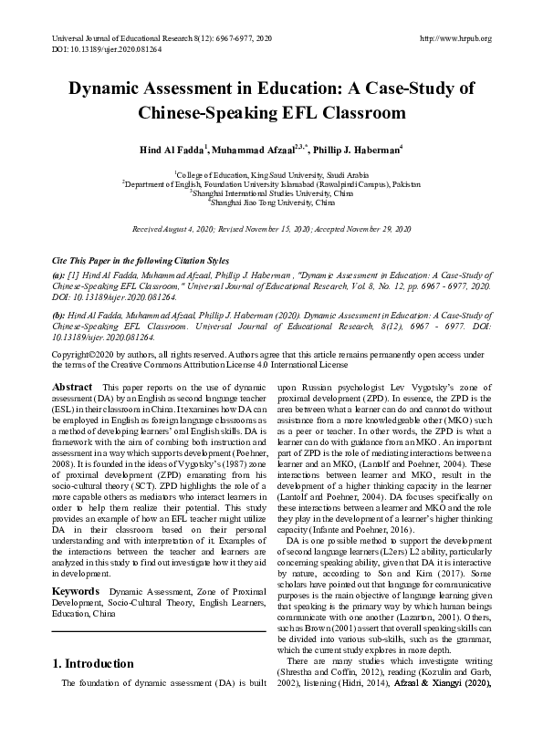 (PDF) Dynamic Assessment in Education: A Case-Study of Chinese-Speaking ...
