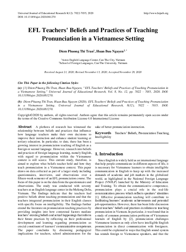 (PDF) EFL Teachers' Beliefs and Practices of Teaching Pronunciation in ...