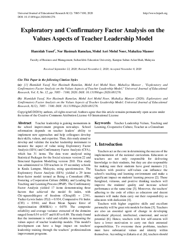 (PDF) Exploratory and Confirmatory Factor Analysis on the Values ...