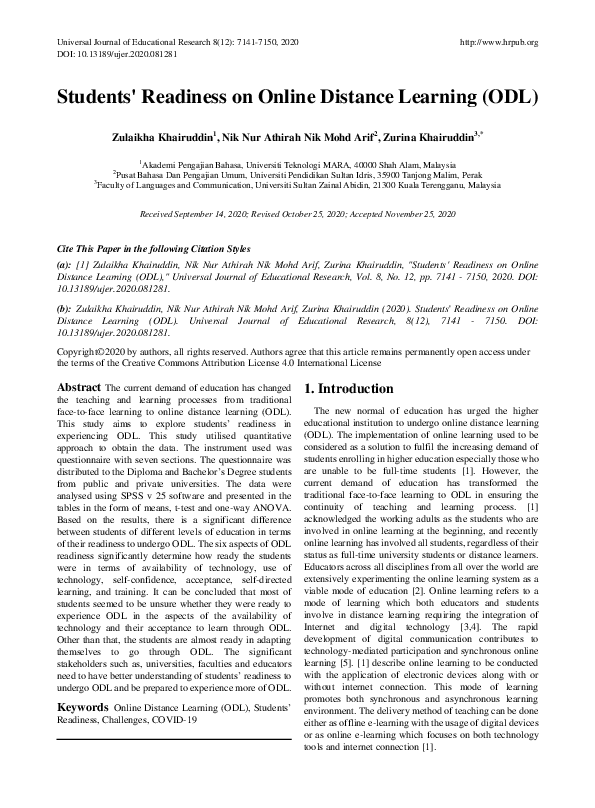(PDF) Students' Readiness on Online Distance Learning (ODL