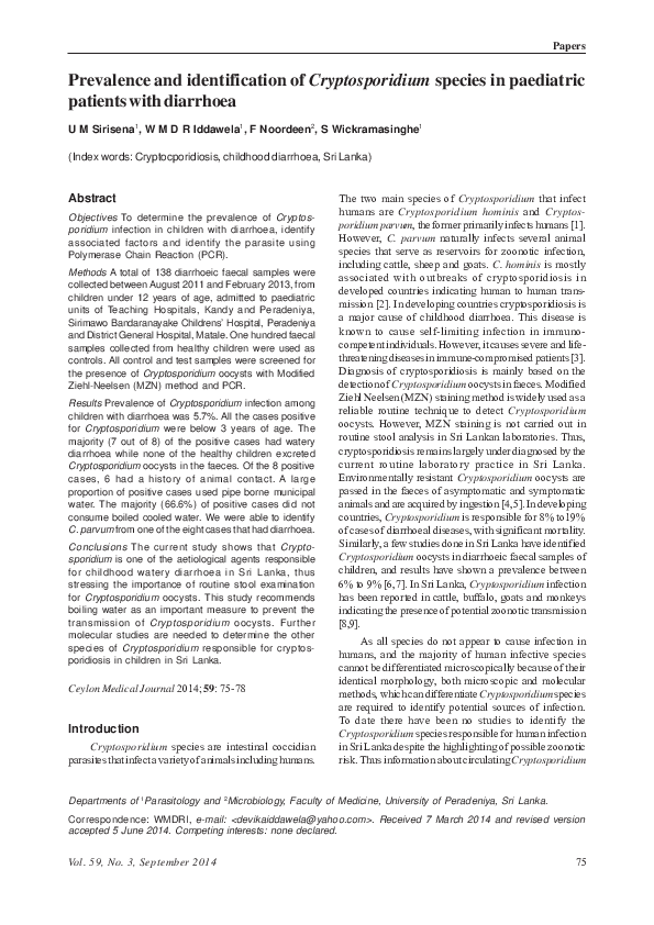 (PDF) Prevalence and identification of Cryptosporidium species in ...