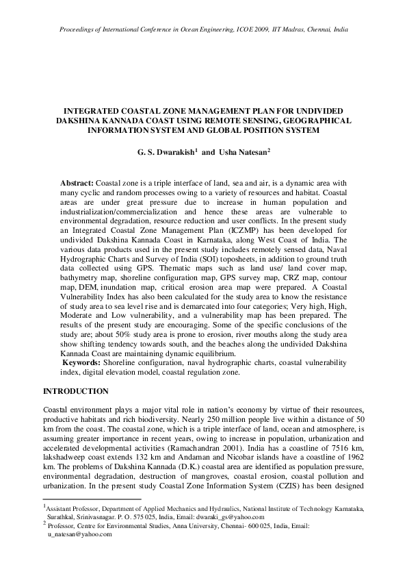 (PDF) Integrated Coastal Zone Management Plan for Undivided Dakshina ...