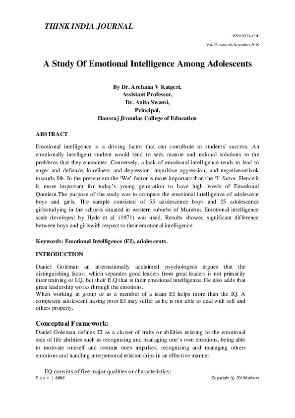 (PDF) A Study Of Emotional Intelligence Among Adolescents