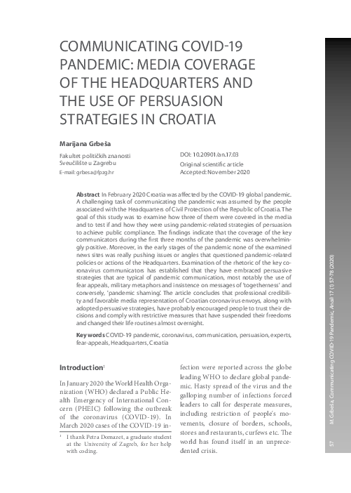 (PDF) Communicating COVID-19 Pandemic : Media Coverage of the ...
