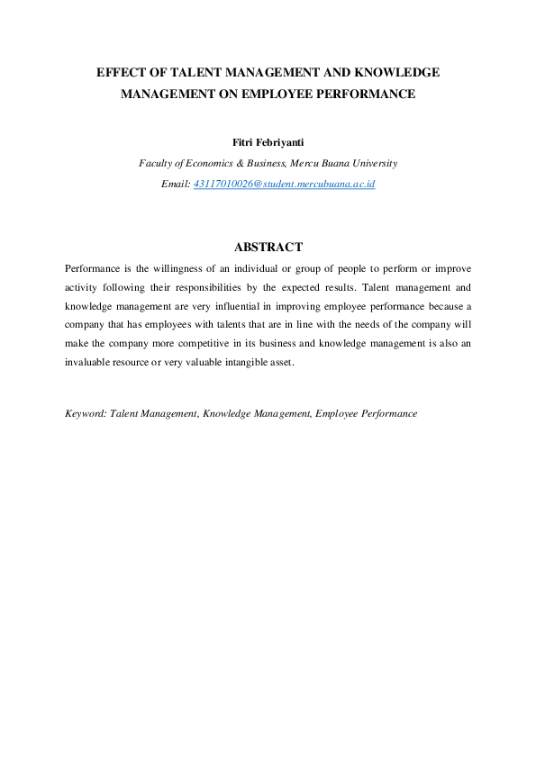 (PDF) EFFECT OF TALENT MANAGEMENT AND KNOWLEDGE MANAGEMENT ON EMPLOYEE ...