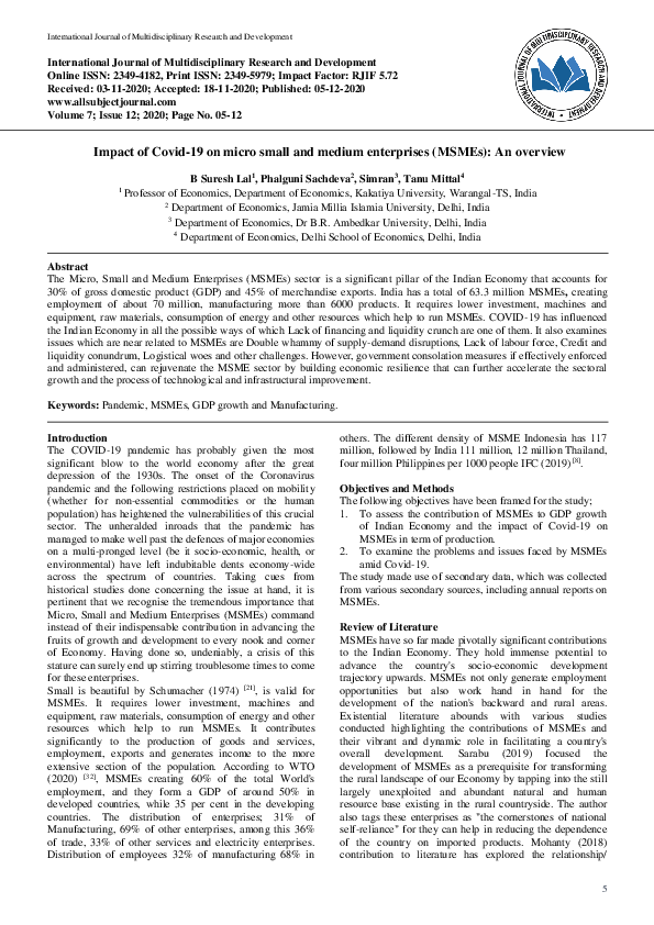 (PDF) Impact of Covid-19 on micro small and medium enterprises (MSMEs ...