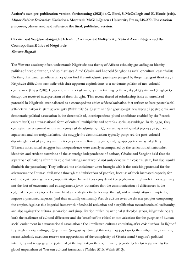 Pdf Cesaire And Senghor Alongside Deleuze Postimperial Multiplicity Virtual Assemblages And The Cosmopolitan Ethics Of Negritude In C Ford S Mccullough And K Houle Eds Minor Ethics Deleuzian Variations Montreal Mcgill Queens University