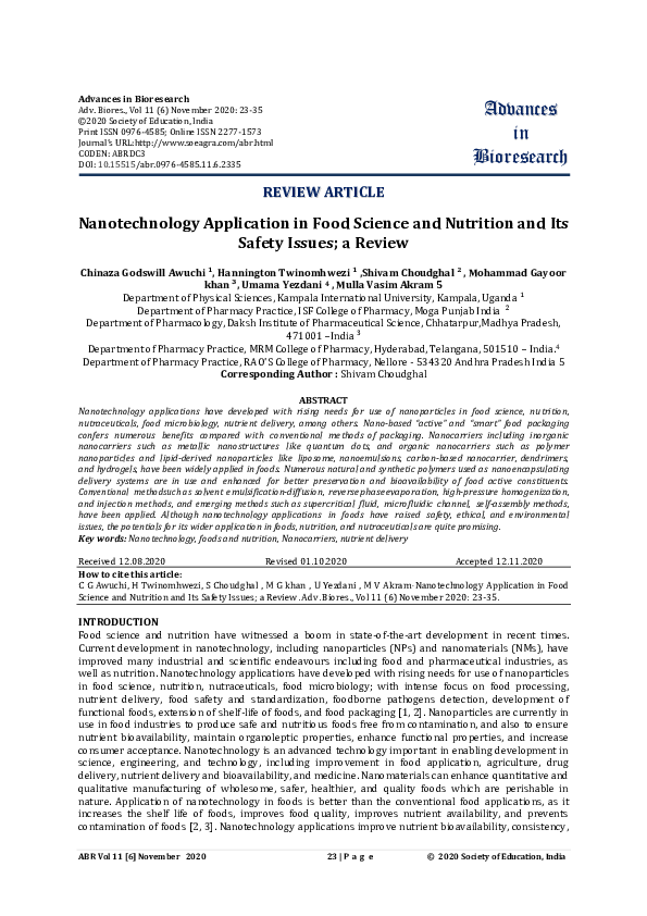 (PDF) Nanotechnology Application in Food Science and Nutrition and Its ...
