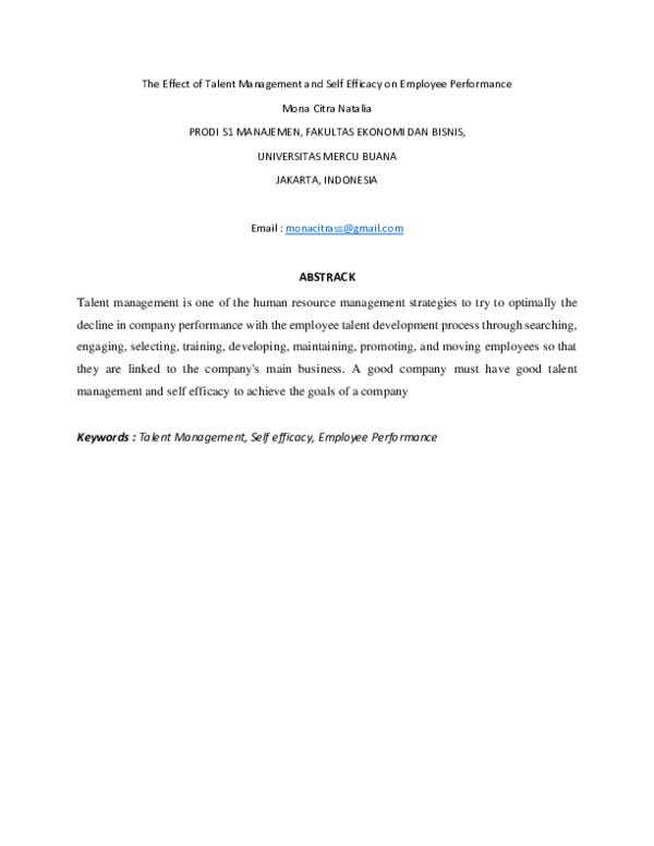 (PDF) The Effect of Talent Management and Self Efficacy on Employee ...
