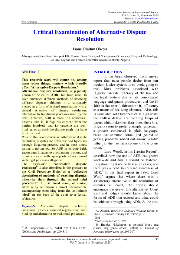 (PDF) Critical Examination of Alternative Dispute Resolution