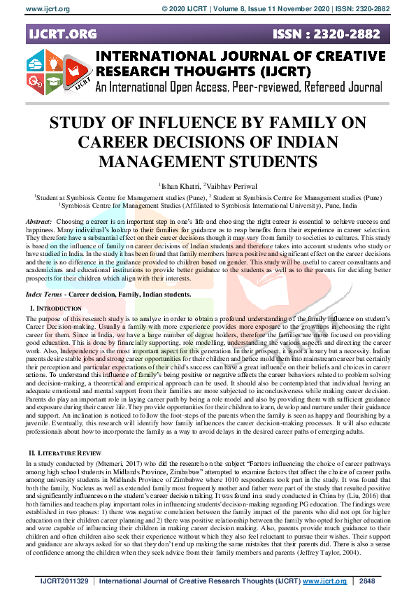 (PDF) STUDY OF INFLUENCE BY FAMILY ON CAREER DECISIONS OF INDIAN ...