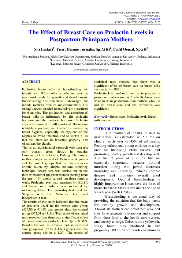 (PDF) The Effect of Breast Care on Prolactin Levels in Postpartum ...
