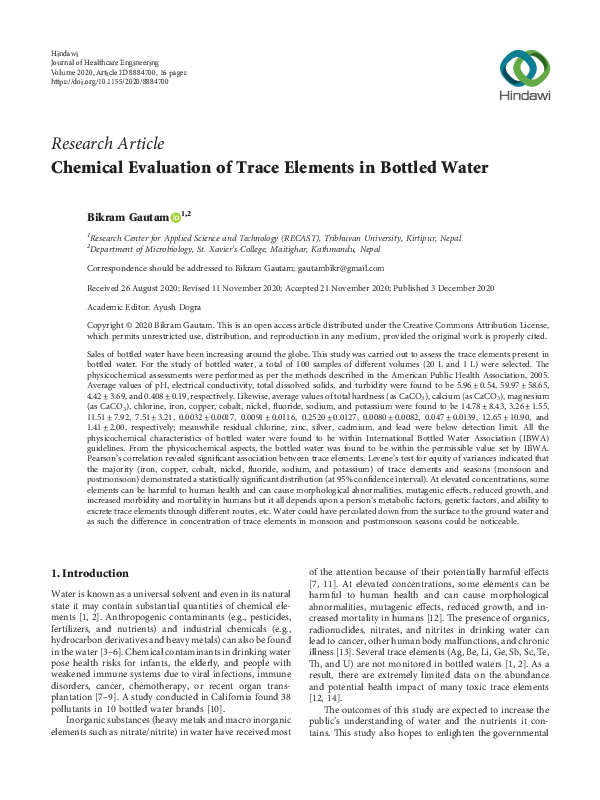 (PDF) Chemical Evaluation of Trace Elements in Bottled Water