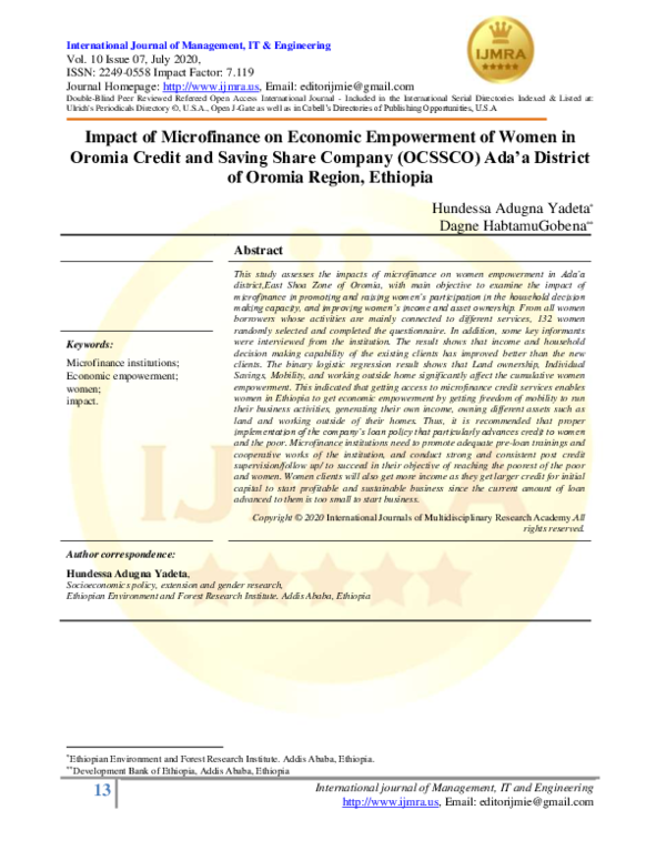 (PDF) Impact of Microfinance on Economic Empowerment of Women in Oromia ...