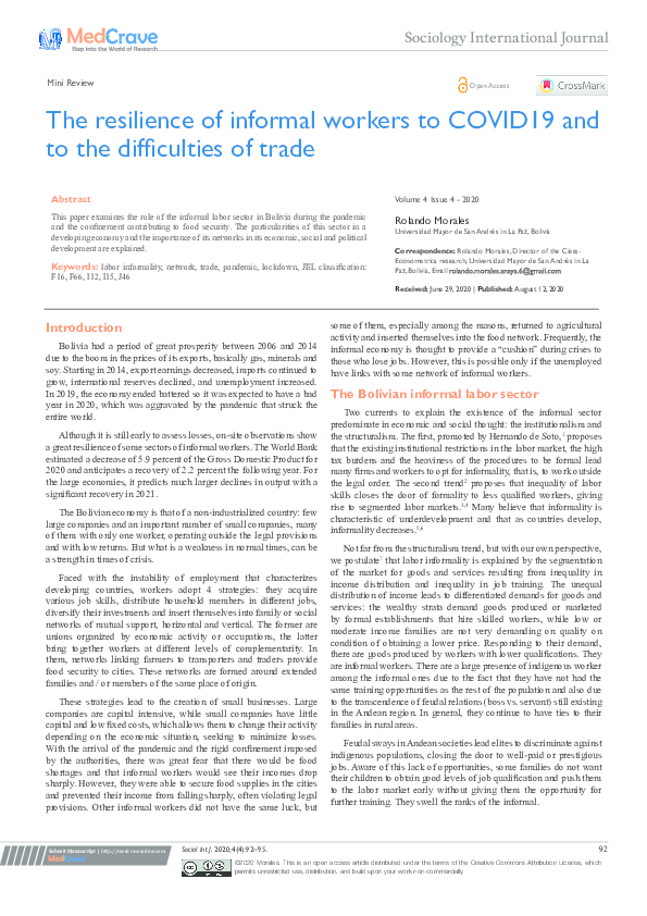 (PDF) , The resilience of informal workers to COVID
