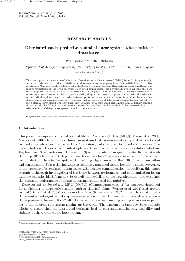 (PDF) Distributed model predictive control of linear systems with ...