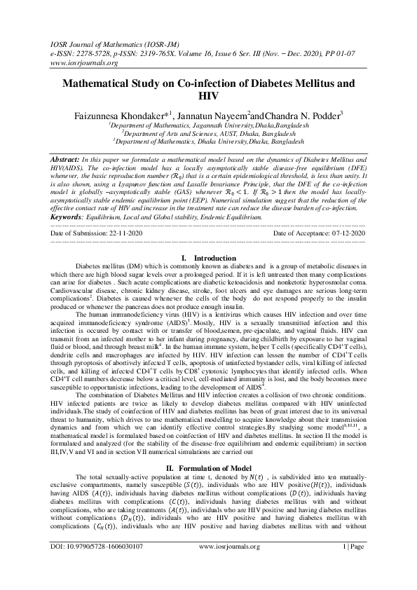 (PDF) Mathematical Study on Co-infection of Diabetes Mellitus and HIV