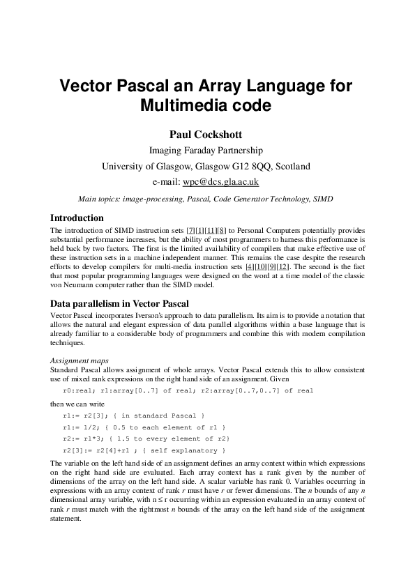 Vector Pascal An Array Language For Multimedia Code
