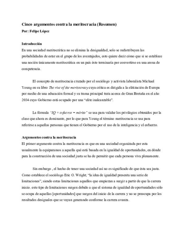 (DOC) Cinco argumentos contra la meritocracia (Resumen)