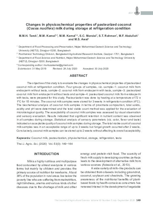 (PDF) Changes in physicochemical properties of pasteurized coconut ...