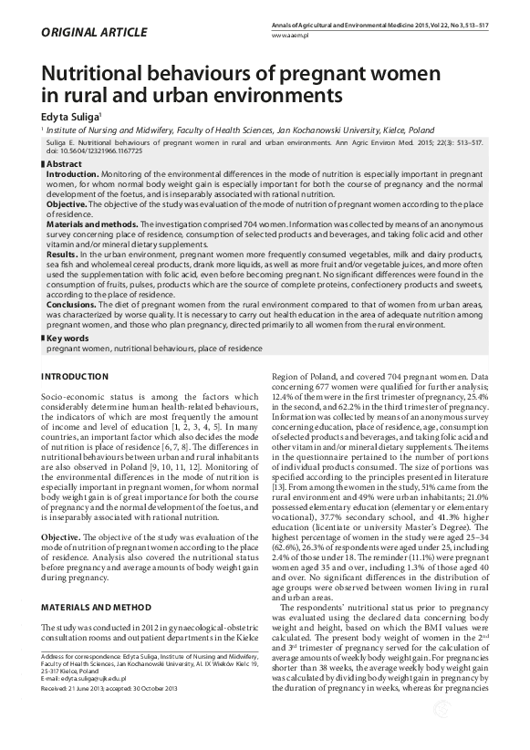 (PDF) Nutritional behaviours of pregnant women in rural and urban ...