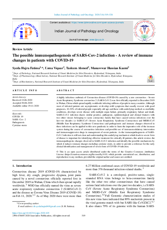 (PDF) The possible immunopathogenesis of SARS-Cov-2 infection -A review ...