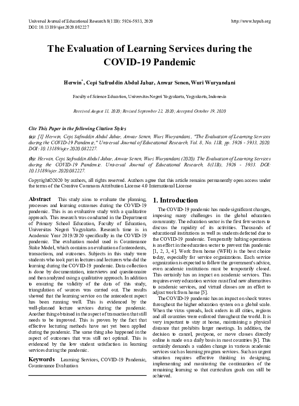 (PDF) The Evaluation of Learning Services during the COVID-19 Pandemic