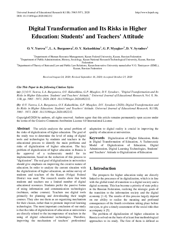(PDF) Digital Transformation and Its Risks in Higher Education ...