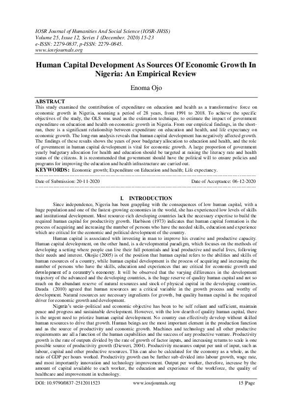 (PDF) Human Capital Development As Sources Of Economic Growth In ...