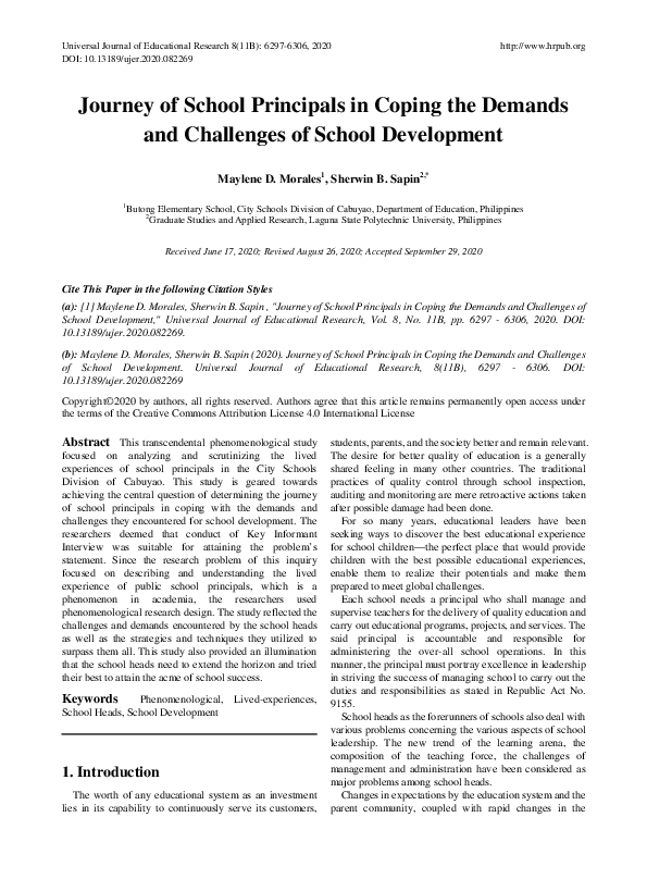 (PDF) Journey of School Principals in Coping the Demands and Challenges ...