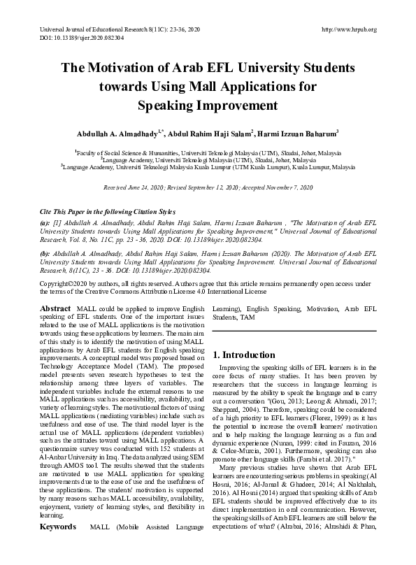 (PDF) The Motivation of Arab EFL University Students towards Using Mall ...
