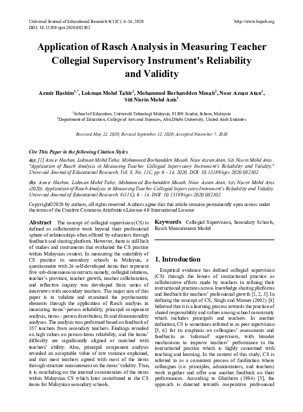 (PDF) Application of Rasch Analysis in Measuring Teacher Collegial ...