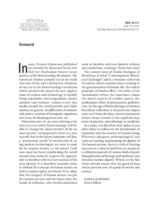 (PDF) Foreword: Contemporary Bioethical Challenges